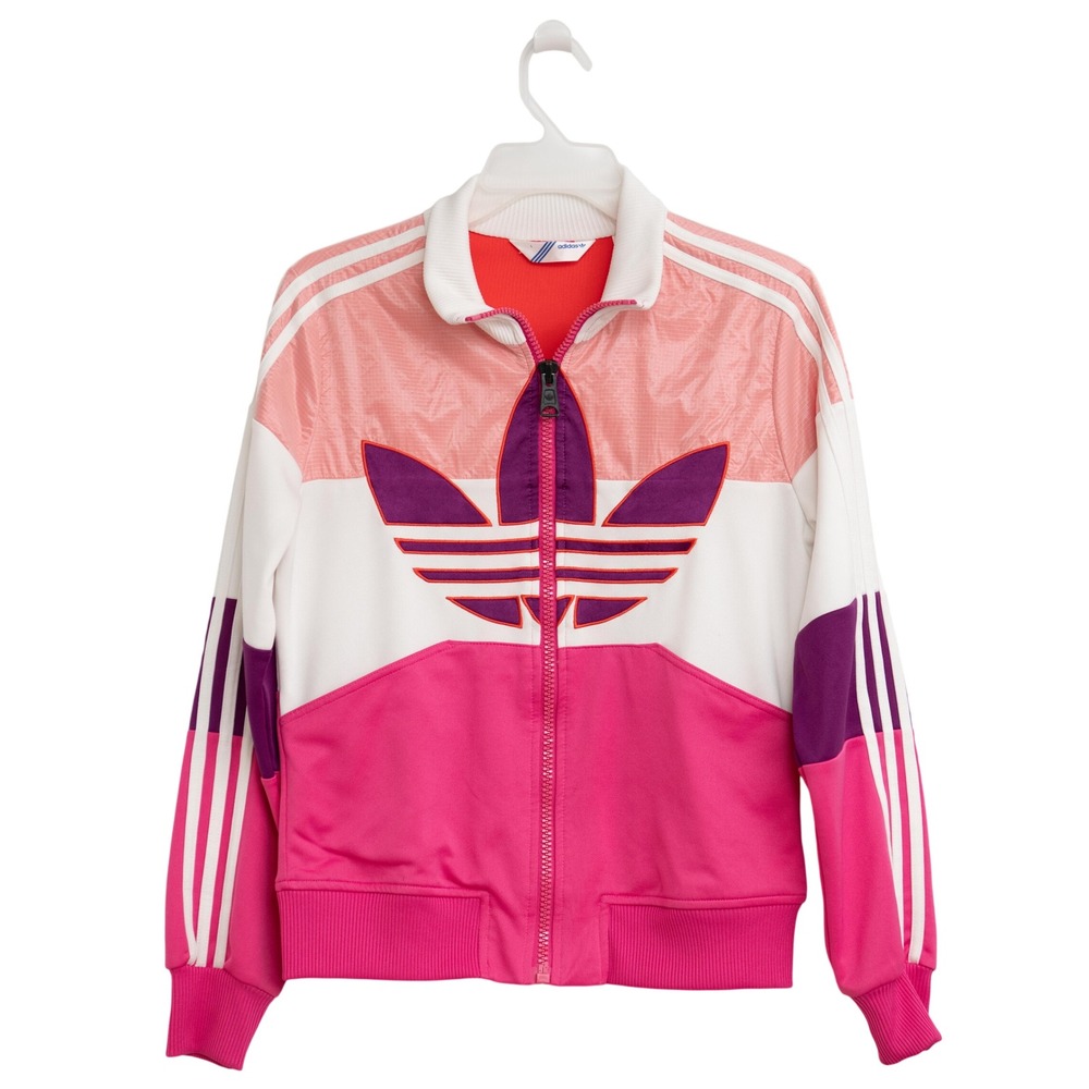 Adidas Sz L Track Jacket Pink Purple Colorblock Trefoil 80s Retro Y2K BarbieCore